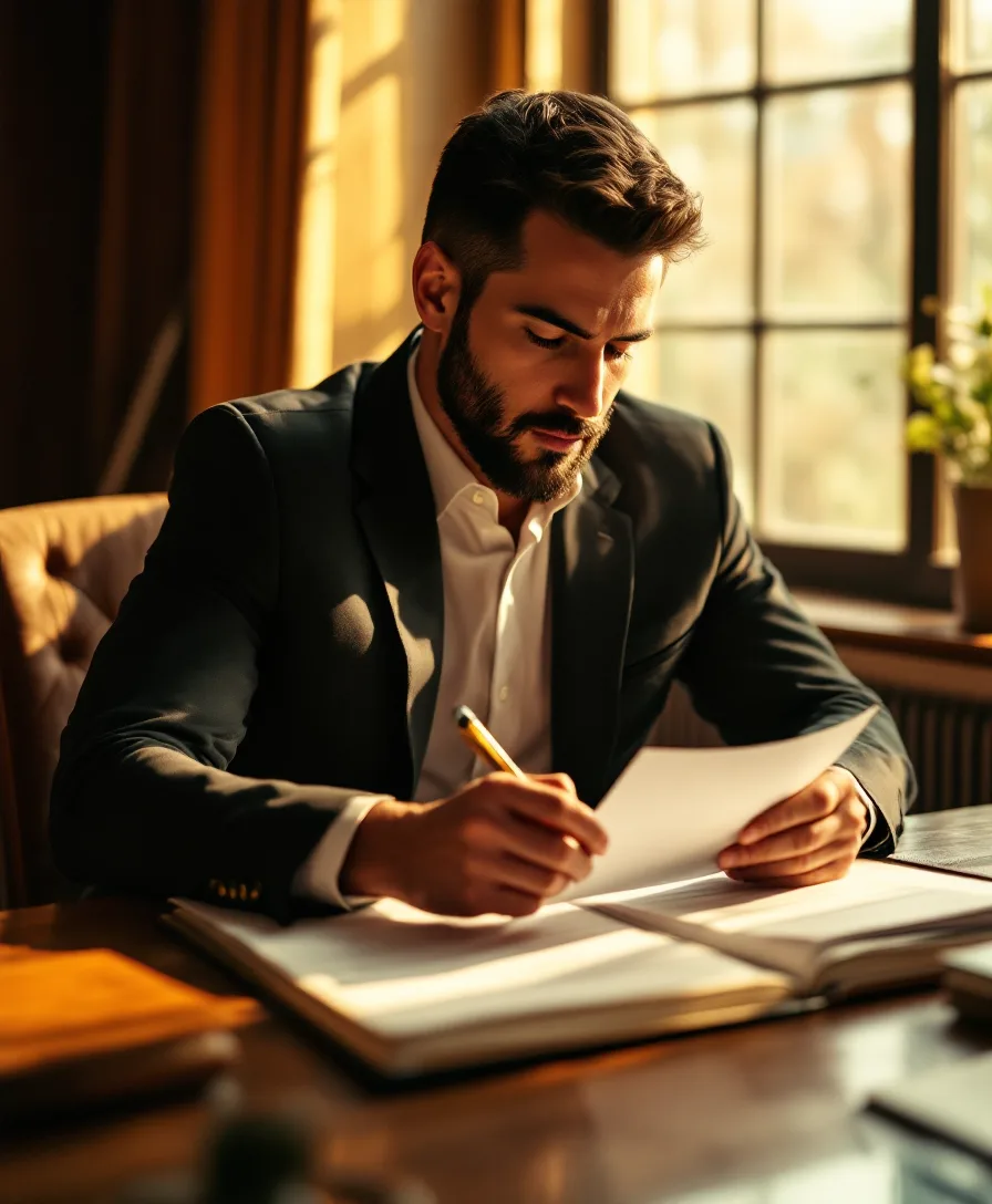 An executive recruiter reviewing a printed candidate scorecard by late-afternoon light