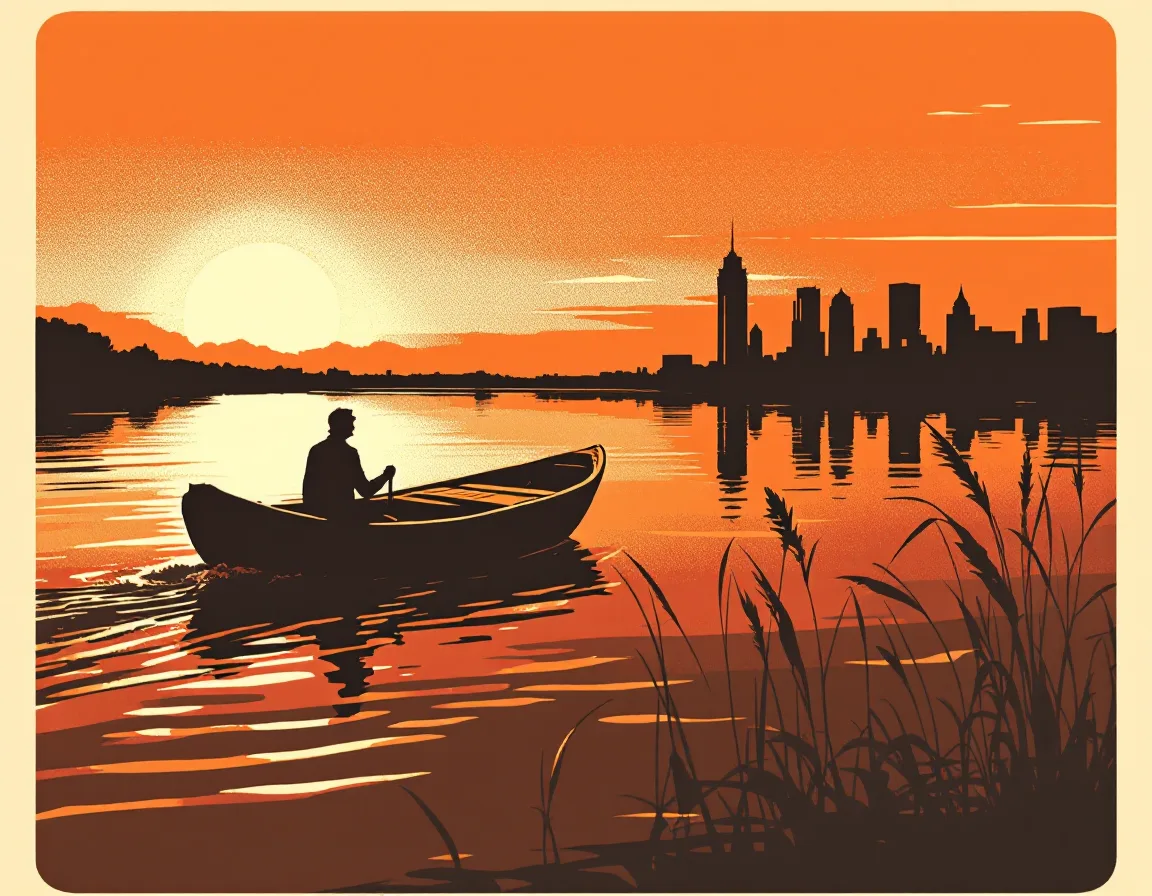 A single ferry crossing a river toward a city at dusk