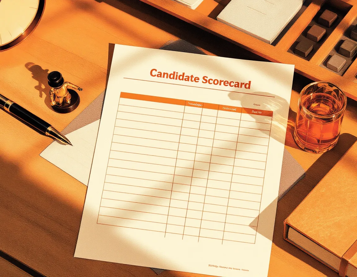 Illustration of a candidate scorecard on a desk beside a pen and a small ferryman figure